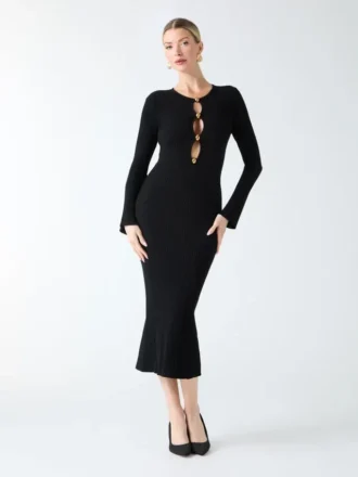 Agathe geribde midi-jurk met lange mouwen