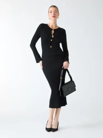 Agathe geribde midi-jurk met lange mouwen
