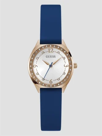 Analoog horloge in roségoudkleurig en blauw