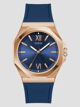 Analoog horloge in roségoudkleurig en blauw