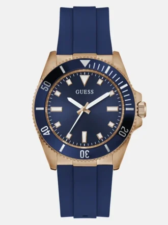 Analoog horloge in roségoudkleurig en blauw siliconen