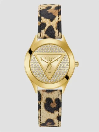 Analoog horloge met luipaardprint en goudkleurig logo