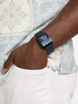 Blauw analoog horloge met gaasband