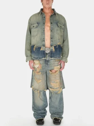 Broek met gelaagde, versleten denim