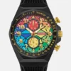 Chronograafhorloge met regenboogmozaïek en zwarte siliconen band