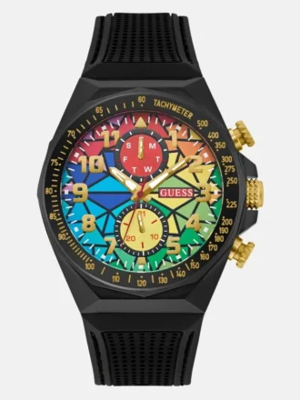 Chronograafhorloge met regenboogmozaïek en zwarte siliconen band