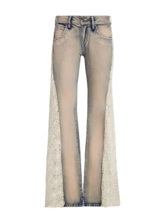 Denim broek met vetersluiting en uitlopende pijpen