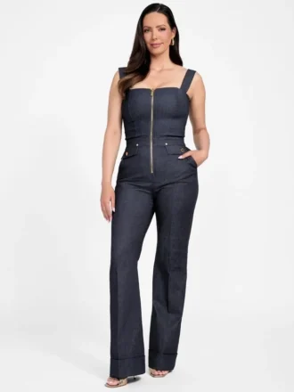 Denim jumpsuit met afneembare bandjes en ritssluiting