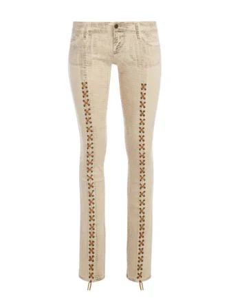 Denimjeans met vetersluiting en uitlopende pijpen