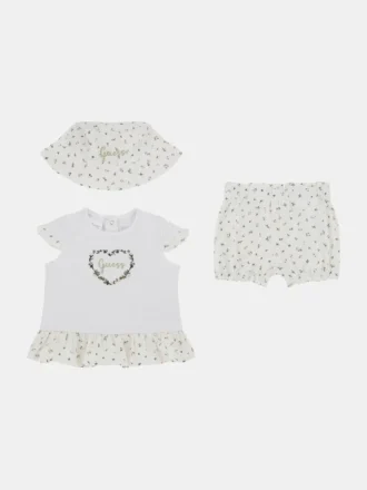 Eco bloemen T-shirt, korte broek en buckethoed set (0-12 maanden)