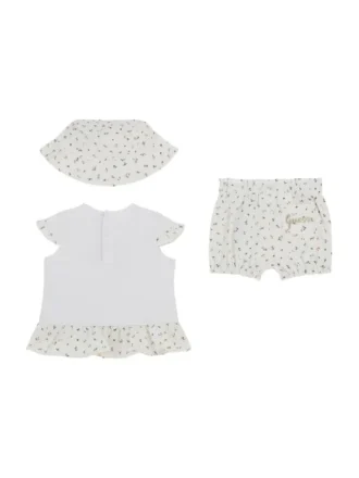 Eco bloemen T-shirt, korte broek en buckethoed set (0-12 maanden)