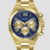 Geribbeld goudkleurig en blauw multifunctioneel horloge Geribbeld goudkleurig en blauw multifunctioneel horloge