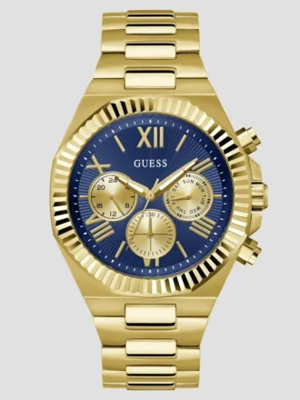 Geribbeld goudkleurig en blauw multifunctioneel horloge