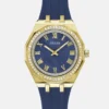 Goudkleurig analoog horloge met blauwe siliconen band