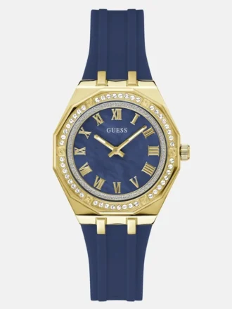 Goudkleurig analoog horloge met blauwe siliconen band