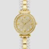Goudkleurig analoog horloge met diamanten en parels Goudkleurig analoog horloge met diamanten en parels