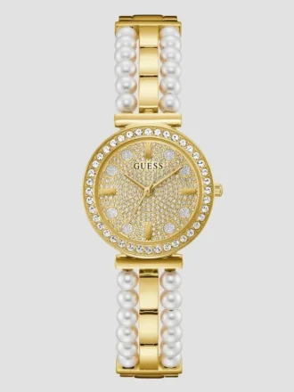 Goudkleurig analoog horloge met diamanten en parels