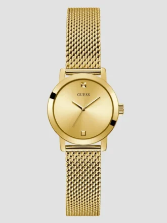 Goudkleurig analoog horloge met diamanten mesh-band