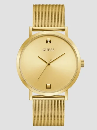 Goudkleurig analoog horloge met diamanten mesh-band