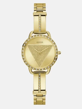 Goudkleurig analoog horloge met driehoekige bandbevestigingen
