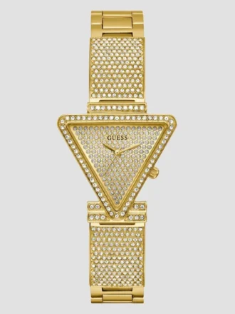 Goudkleurig analoog horloge met kristallen driehoek