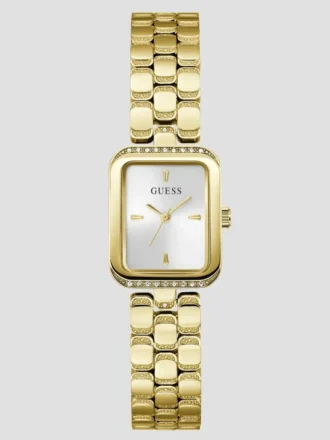 Goudkleurig analoog horloge met vierkante wijzerplaat en textuur