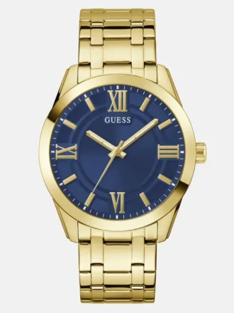 Goudkleurig en blauw analoog horloge