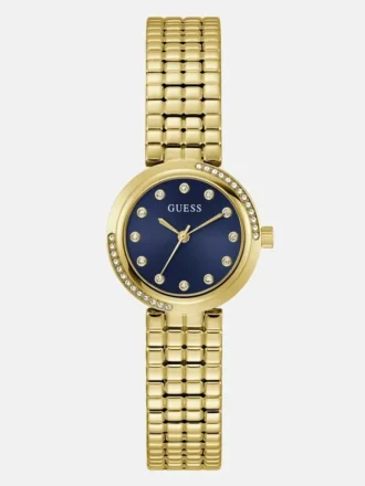 Goudkleurig en blauw analoog horloge