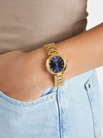 Goudkleurig en blauw analoog horloge