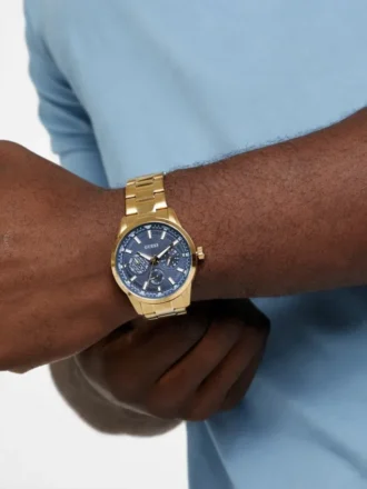 Goudkleurig en blauw multifunctioneel horloge