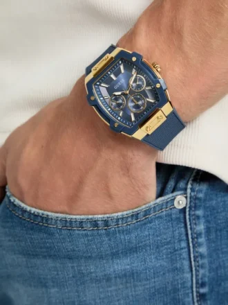 Goudkleurig en blauw multifunctioneel horloge