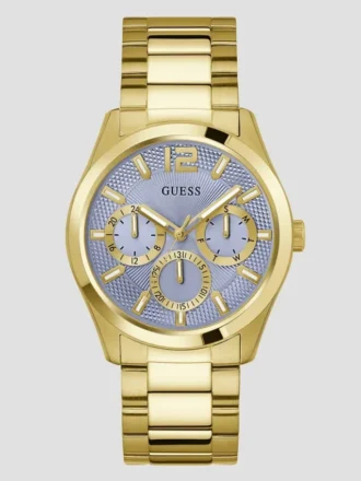 Goudkleurig en blauw multifunctioneel horloge met textuur