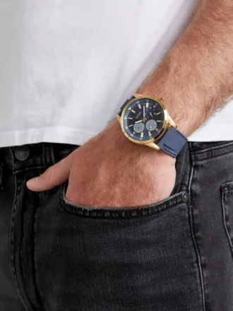 Goudkleurig en blauw siliconen multifunctioneel horloge