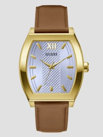 Goudkleurig en bruin lederen analoog horloge