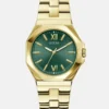 Goudkleurig en groen analoog horloge