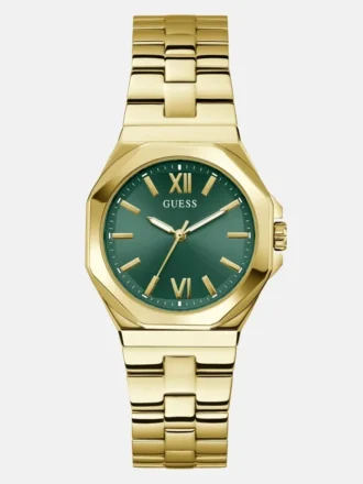 Goudkleurig en groen analoog horloge