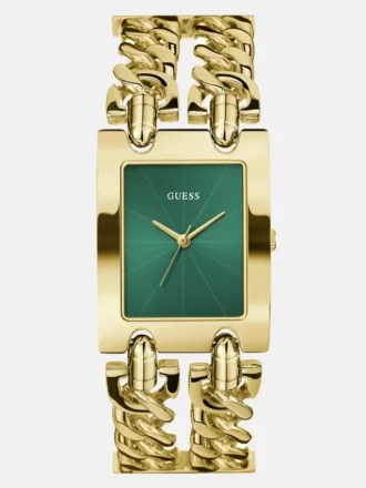 Goudkleurig en groen analoog horloge