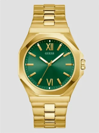 Goudkleurig en groen analoog horloge