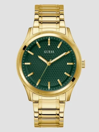 Goudkleurig en groen analoog horloge