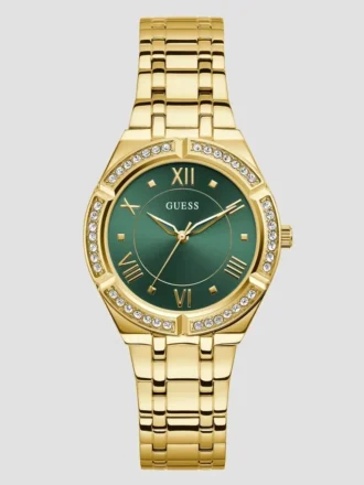Goudkleurig en groen analoog horloge