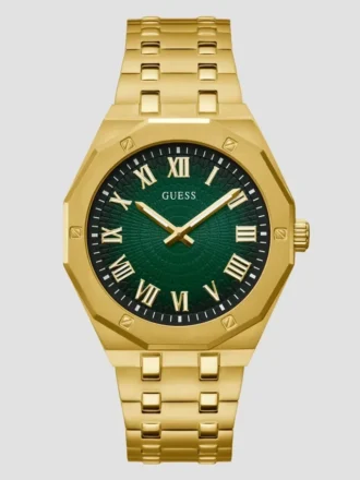 Goudkleurig en groen analoog horloge met zonnestraalpatroon