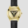 Goudkleurig en lederen analoog horloge met logo