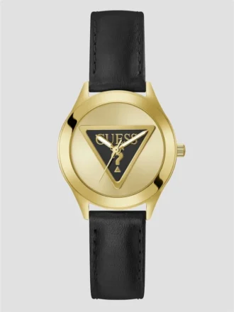 Goudkleurig en lederen analoog horloge met logo