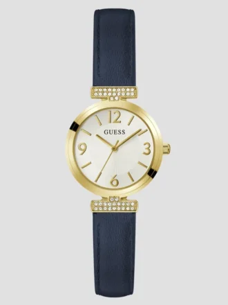 Goudkleurig en marineblauw lederen analoog horloge