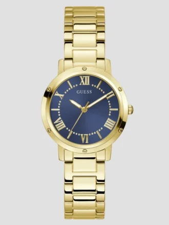 Goudkleurig en marineblauw rond analoog horloge