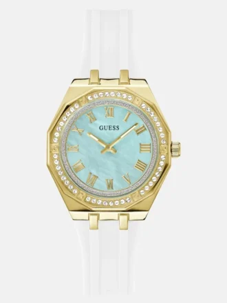Goudkleurig en wit analoog horloge