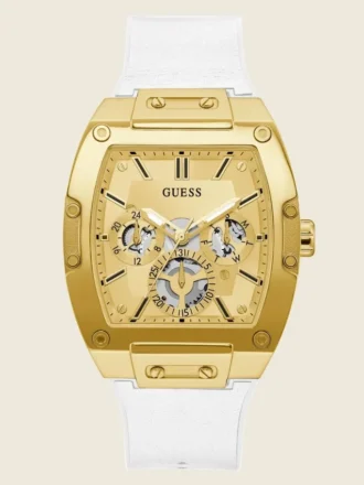 Goudkleurig en wit rechthoekig multifunctioneel horloge