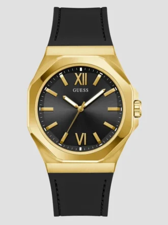 Goudkleurig en zwart analoog horloge