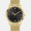 Goudkleurig en zwart analoog horloge
