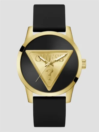 Goudkleurig en zwart analoog horloge